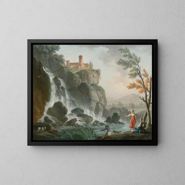 van een visserij aan de rand van een rivier met een waterval onder een kasteel - Charles-François Grenier de Lacroix — ingelijst kunstwerk aan de muur