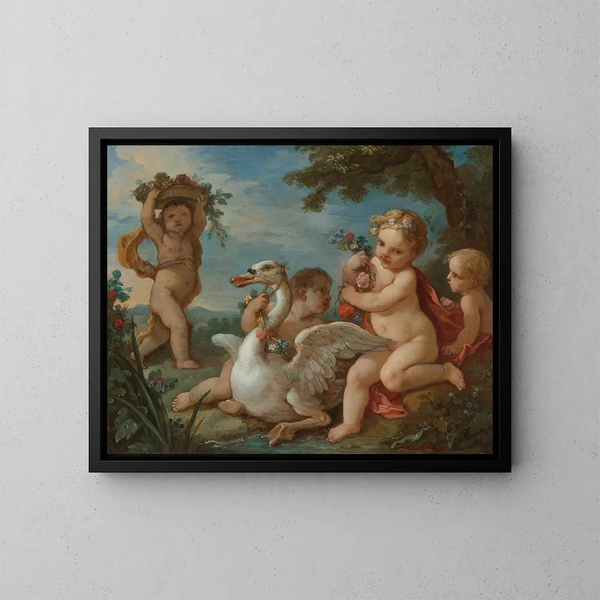 van Putti die een zwaan versiert met een bloemenkrans - Charles-Joseph Natoire — ingelijst kunstwerk aan de muur
