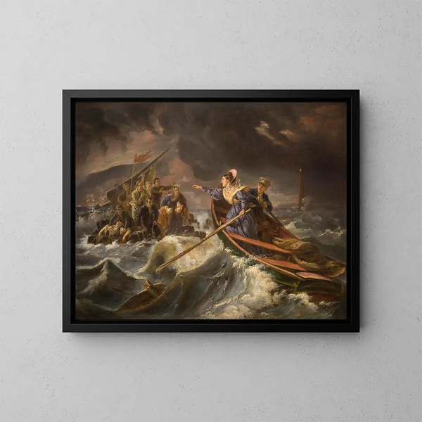 van Grace Darling en haar vader die overlevenden redden van de scheepsramp van de Forfarshire op de Farne-eilanden, 7 september 1838 - Charles Achille d'Hardiviller — ingelijst kunstwerk aan de muur