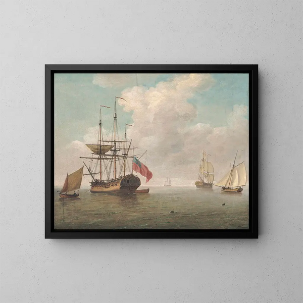 Een klein oorlogsschip voor anker met kano's onder zeil - Charles Brooking — ingelijst kunstwerk aan de muur