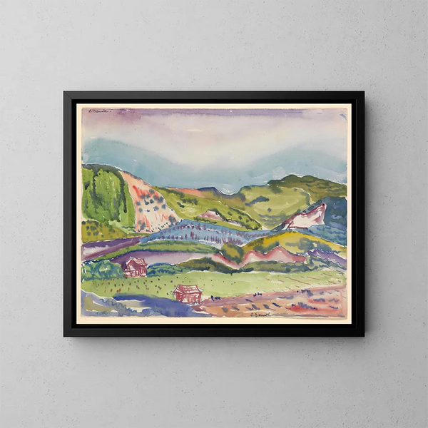 Berg met rood huis - Charles Demuth — ingelijst kunstwerk aan de muur
