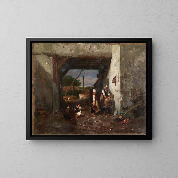 Kippenhof - Charles Émile Jacque — ingelijst kunstwerk aan de muur