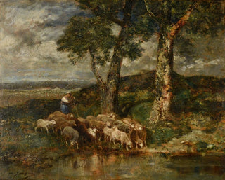 Moutons au labreuvoir - Charles Émile Jacque — weergave van het kunstwerk
