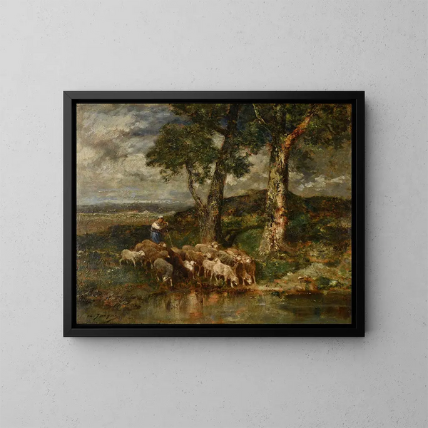 Moutons au labreuvoir - Charles Émile Jacque — ingelijst kunstwerk aan de muur