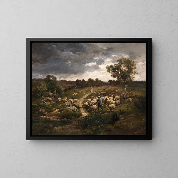 Schapen en kippen in een schuur - Charles Émile Jacque — ingelijst kunstwerk aan de muur