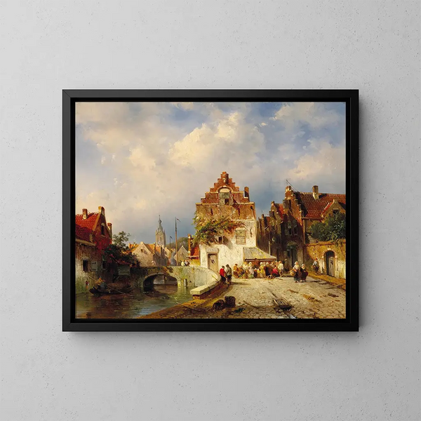 Een dorpsscène met een brug - Charles Leickert — ingelijst kunstwerk aan de muur