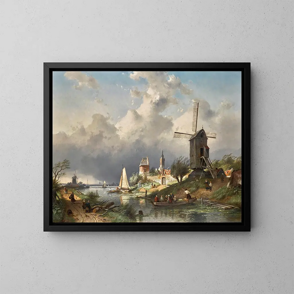 Landschap met rivier en molen - Charles Leickert — ingelijst kunstwerk aan de muur
