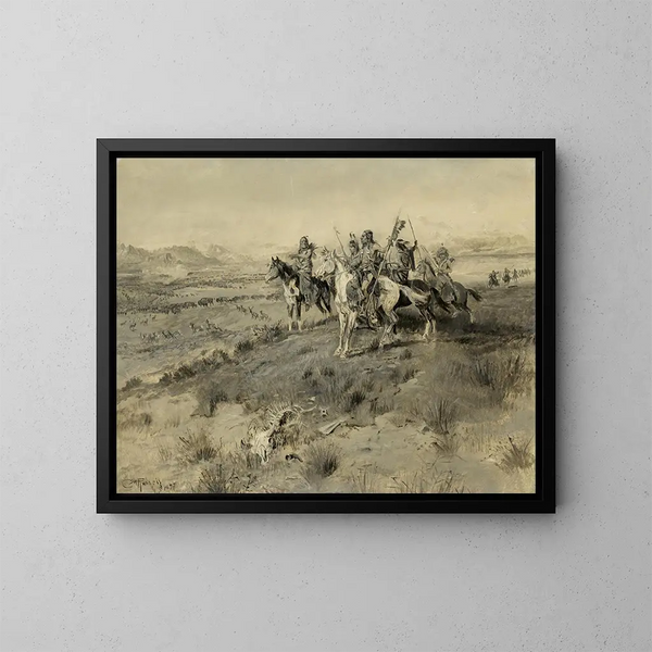 Voor de komst van de blanke man, indiaanse jacht - Charles Marion Russell — ingelijst kunstwerk aan de muur