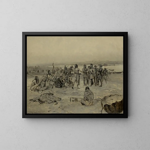 Ontmoeting van Lewis en Clark met de Mandans - Charles Marion Russell — ingelijst kunstwerk aan de muur
