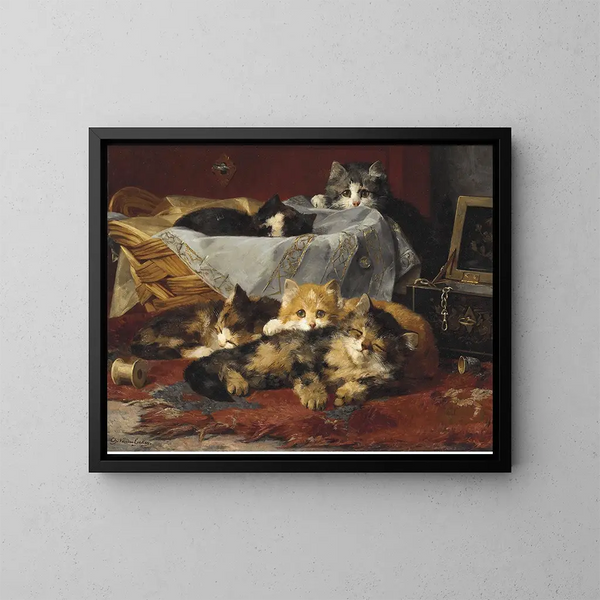 Katjes in een mand - Charles Van Den Eycken — ingelijst kunstwerk aan de muur
