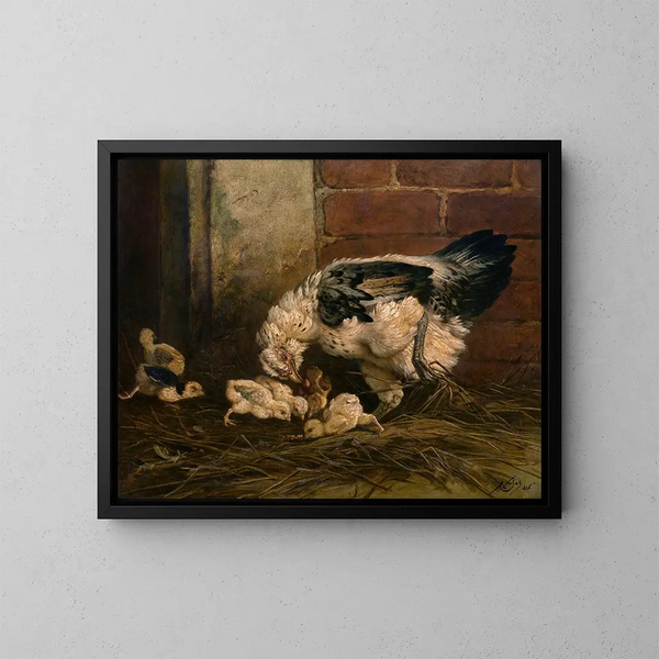 Poule met kuiken - Charles Verlat — ingelijst kunstwerk aan de muur