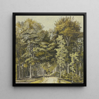 Chemin à travers un bois de hêtres avec un pont en bois devant - Martinus van der Jagt