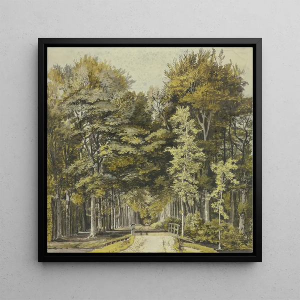Chemin à travers un bois de hêtres avec un pont en bois devant - Martinus van der Jagt