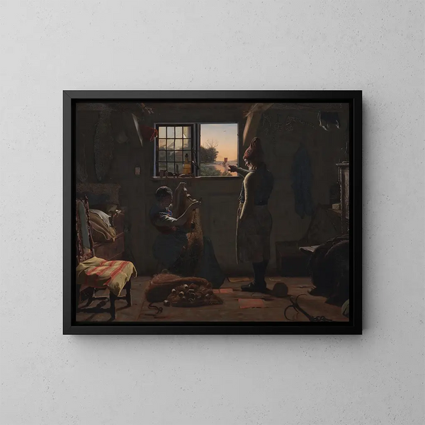 Een visser toont zijn dochter een schip dat wegvaart - Christen Dalsgaard — ingelijst kunstwerk aan de muur