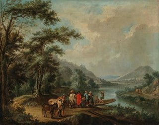 Christian Georg Schtz the elder - A Rhine landscape with a ferry near Bonn with the Rolandsbogen Drachenfels and the island of Nonnenwerth beyond.webp
