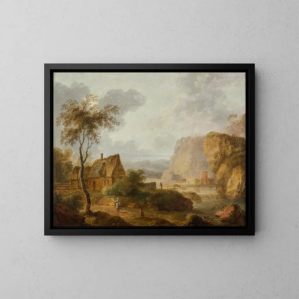 Landschap met berg, rivier en boerderij - Christian Hilfgott Brand — ingelijst kunstwerk aan de muur