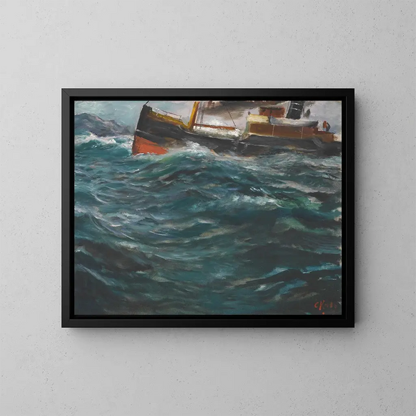 Een schip in een ruwe zee - Christian Krohg — ingelijst kunstwerk aan de muur