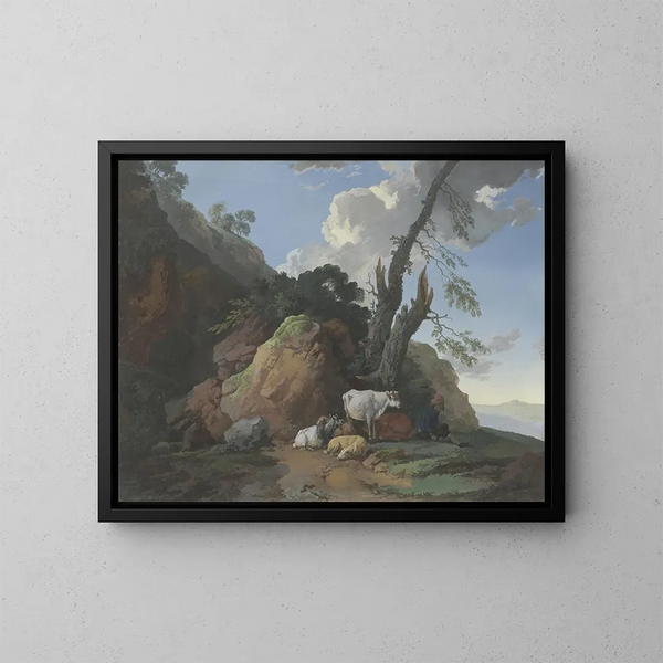 Landschapschilderij met een herder, twee geiten, twee schapen en een geit - Christian Wilhelm Ernst Dietrich — ingelijst kunstwerk aan de muur