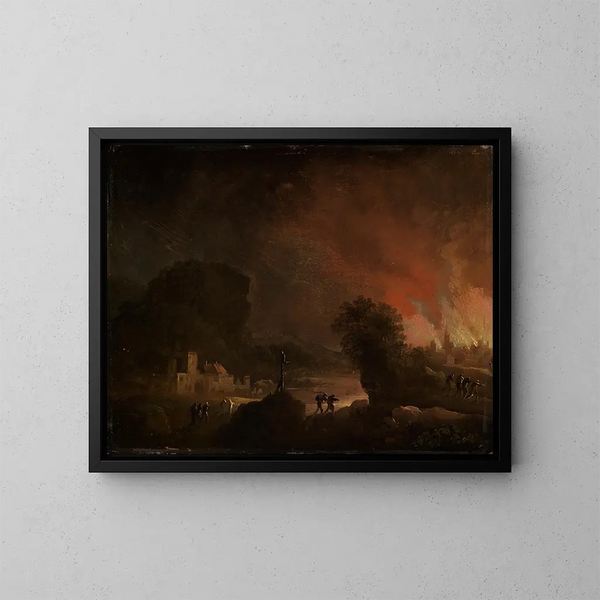 Nachtlandschap met brandende stad - Christian Wilhelm Ernst Dietrich — ingelijst kunstwerk aan de muur