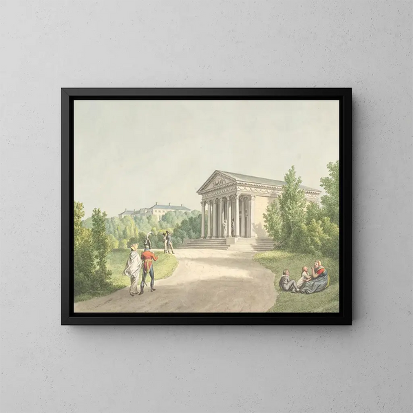 Perspective van de tuin van Frederiksberg bij het kasteel en de tempel van Apollo - Christoffer Wilhelm Eckersberg — ingelijst kunstwerk aan de muur