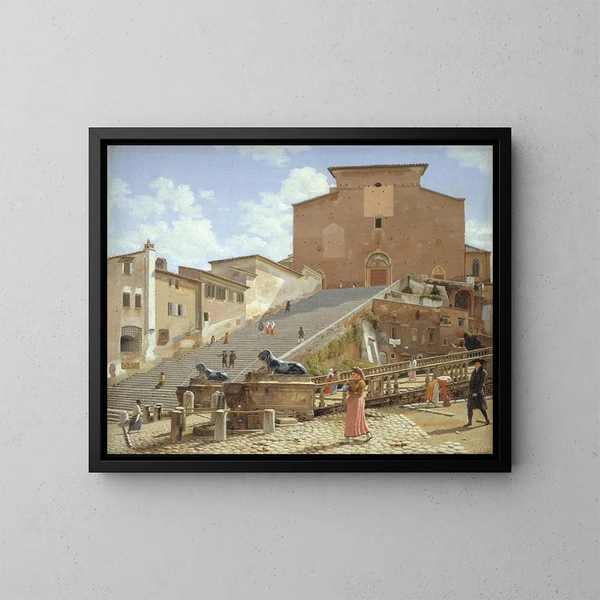 van de marmeren trappen die leiden naar de kerk van Santa Maria in Aracoeli in Rome - Christoffer Wilhelm Eckersberg — ingelijst kunstwerk aan de muur