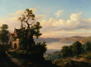 Chrystian Breslauer - Landscape with a lake and a Gothic church.webp