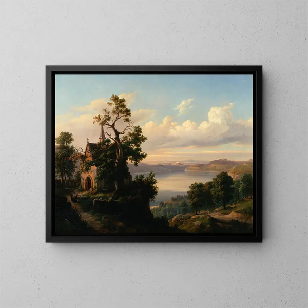 Landschapschilderij met een meer en een gotische kerk - Chrystian Breslauer — ingelijst kunstwerk aan de muur