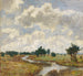 Lichte en bewolkte hemel boven moerassige weiden met een beek - Paul Baum — weergave van het kunstwerk