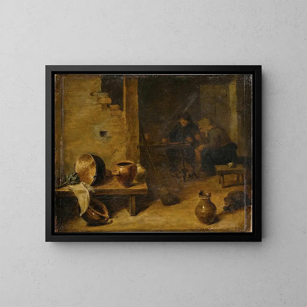 Binnenlands Schilderij van een herberg met boeren die op de achtergrond eten - Cirkel van David Teniers de Jonge — ingelijst kunstwerk aan de muur