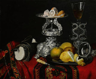 Circle of Georg Hinz - Still life with a faondeVenise serpentstemmed wine glass a silver vessel a block of sugar and lemons on a pewter plate all on a draped table.webp
