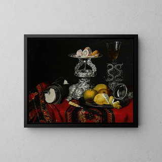 Circle of Georg Hinz - Still life with a faondeVenise serpentstemmed wine glass a silver vessel a block of sugar and lemons on a pewter plate all on a draped table.webp