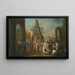 Straatscène met acteurs van de Commedia dell'arte en muzikanten verzameld rond twee marionetten, een obelisk op de achtergrond - Cirkel van Marco Marcola — ingelijst kunstwerk aan de muur