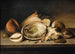 Tropisch schelpdieren schilderij op een stenen rand, inclusief een schelp, een reuzengorgel, porseleinen en een scheermes - Cirkel van Nicolaus Matthes — weergave van het kunstwerk