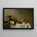 Pêches sur un plateau en argent, une tarte aux fruits, un petit pain, un roemer gravé et une cafetière en argent sur une table partiellement drapée - Cercle de Pieter Claesz — ingelijst kunstwerk aan de muur