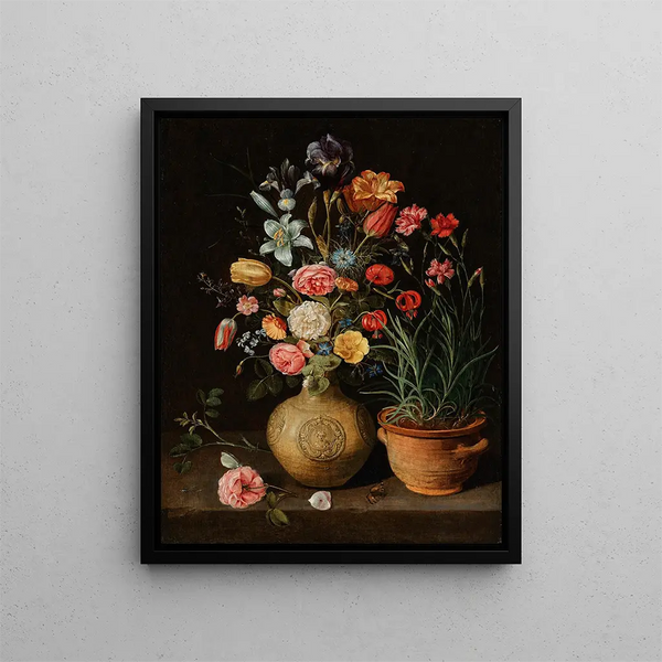 Clara Peeters - Roses lilies an iris and other flowers in an earthenware vase with a pot of carnations and a butterfly on a ledge.webp