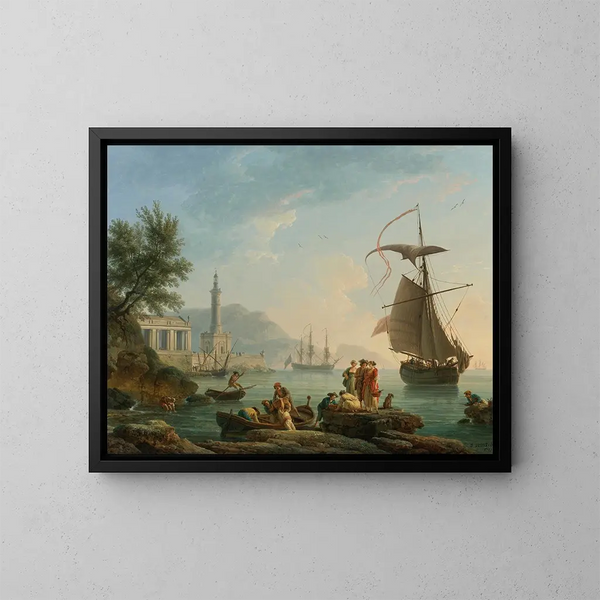 Een mediterrane haven bij zonsondergang met vissers aan de waterkant, een vuurtoren en een oorlogsschip dat voor anker ligt in de baai - Claude-Joseph Vernet — ingelijst kunstwerk aan de muur