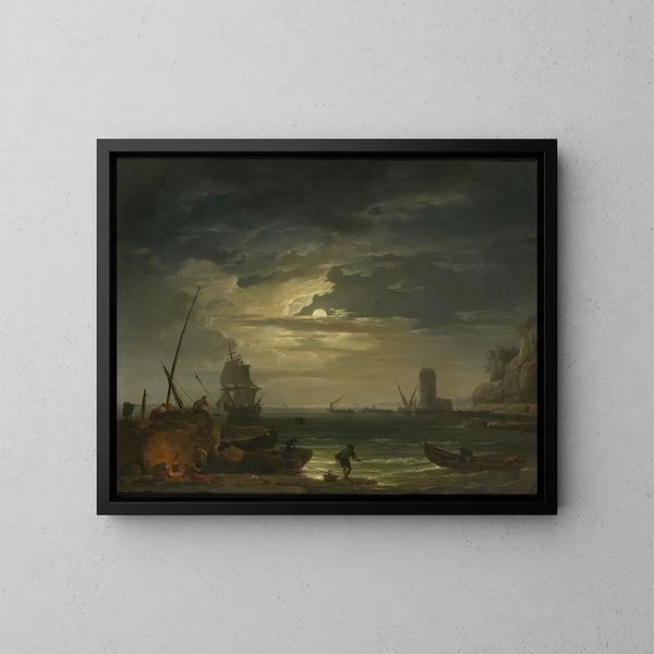 van een mediterrane baai bij maanlicht - Claude-Joseph Vernet — ingelijst kunstwerk aan de muur