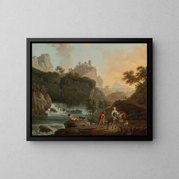 van een rotsachtig landschap met een visser en reizigers bij een rivier met een waterval en een aquaduct op de achtergrond - Claude-Joseph Vernet — ingelijst kunstwerk aan de muur
