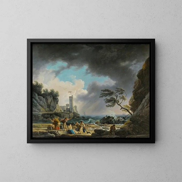 van een storm nabij een rotsachtige kust - Claude-Joseph Vernet — ingelijst kunstwerk aan de muur