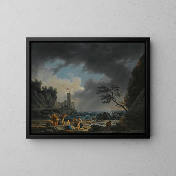 Een stormachtig kusttafereel met figuren op een strand die een schipbreuk hebben overleefd - Claude-Joseph Vernet — ingelijst kunstwerk aan de muur
