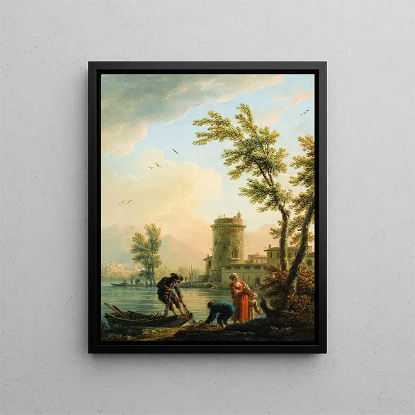 Vissers bij zonsopgang - Claude-Joseph Vernet — ingelijst kunstwerk aan de muur