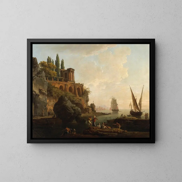 Landschap met denkbeeldig landschap, scène van Italiaanse haven - Claude-Joseph Vernet — ingelijst kunstwerk aan de muur