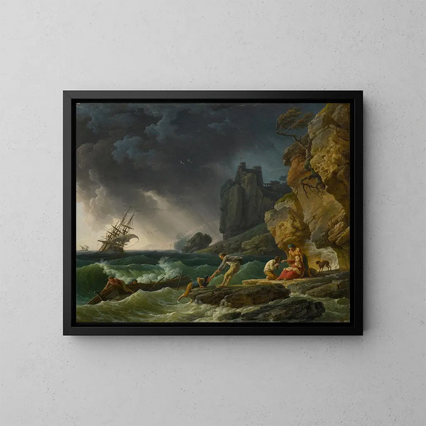van stormachtige zeeën met schipbreukelingen - Claude-Joseph Vernet — ingelijst kunstwerk aan de muur