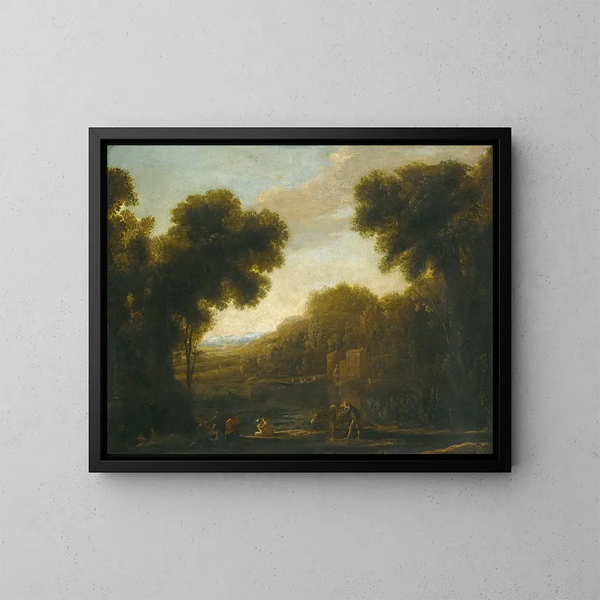 van een rivierlandschap met reizigers aan de oever - Claude Lorrain — ingelijst kunstwerk aan de muur