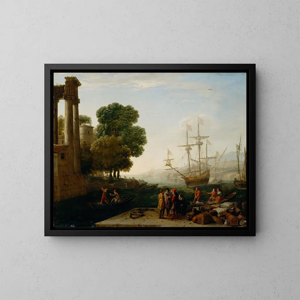 Een zeehaven bij zonsondergang - Claude Lorrain — ingelijst kunstwerk aan de muur