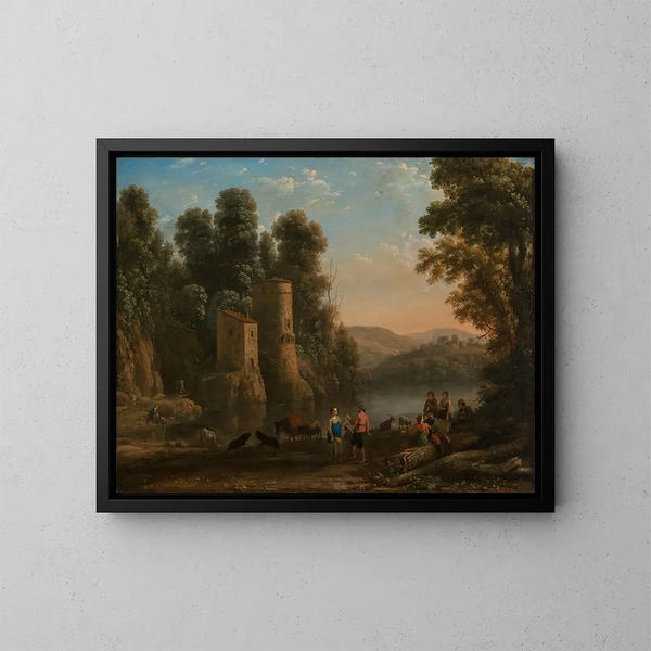 Landschap met herders. De dans aan de waterkant - Claude Lorrain — ingelijst kunstwerk aan de muur