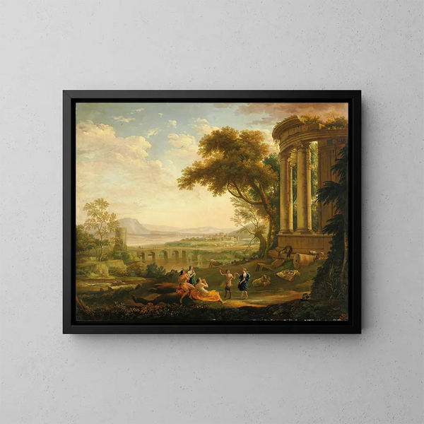 Landschapschilderij met satyr en nimf - Claude Lorrain — ingelijst kunstwerk aan de muur