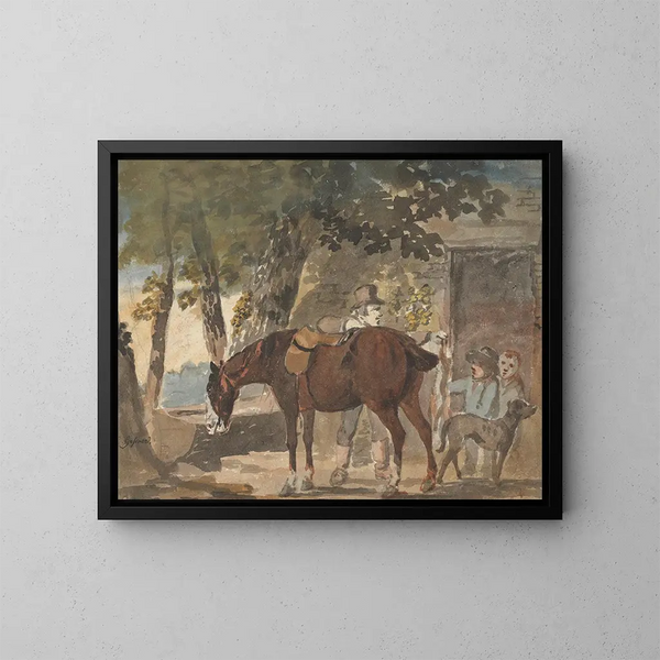 Un paard, een hond en personages voor een cottage - Conrad Gessner — ingelijst kunstwerk aan de muur