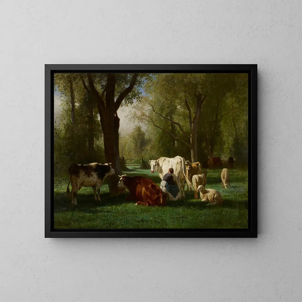 Landschapschilderij met vee en schapen - Constant Troyon — ingelijst kunstwerk aan de muur