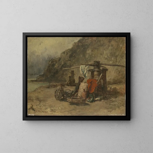 Uitzicht op het strand met krabvissers - Constant Troyon — ingelijst kunstwerk aan de muur